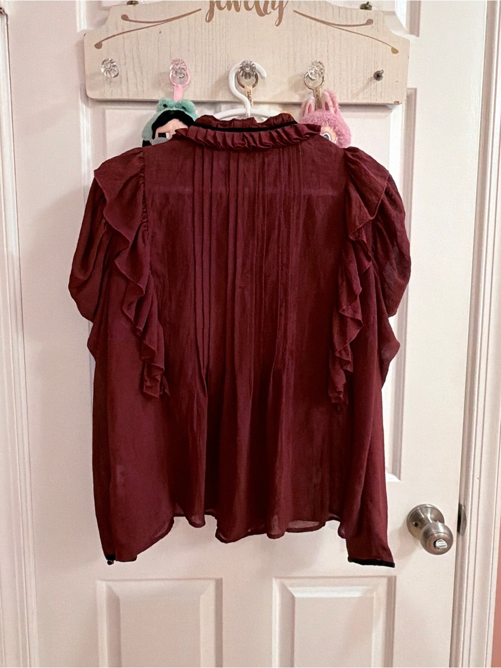 Zara Ruffled Tie-Neck Sheer Blouse - Burgundy - Picture 2 of 8